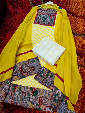 Yellow Striped Kalamkari Cotton Unstitched Dress Material Suit Set - Mom & You Clothing