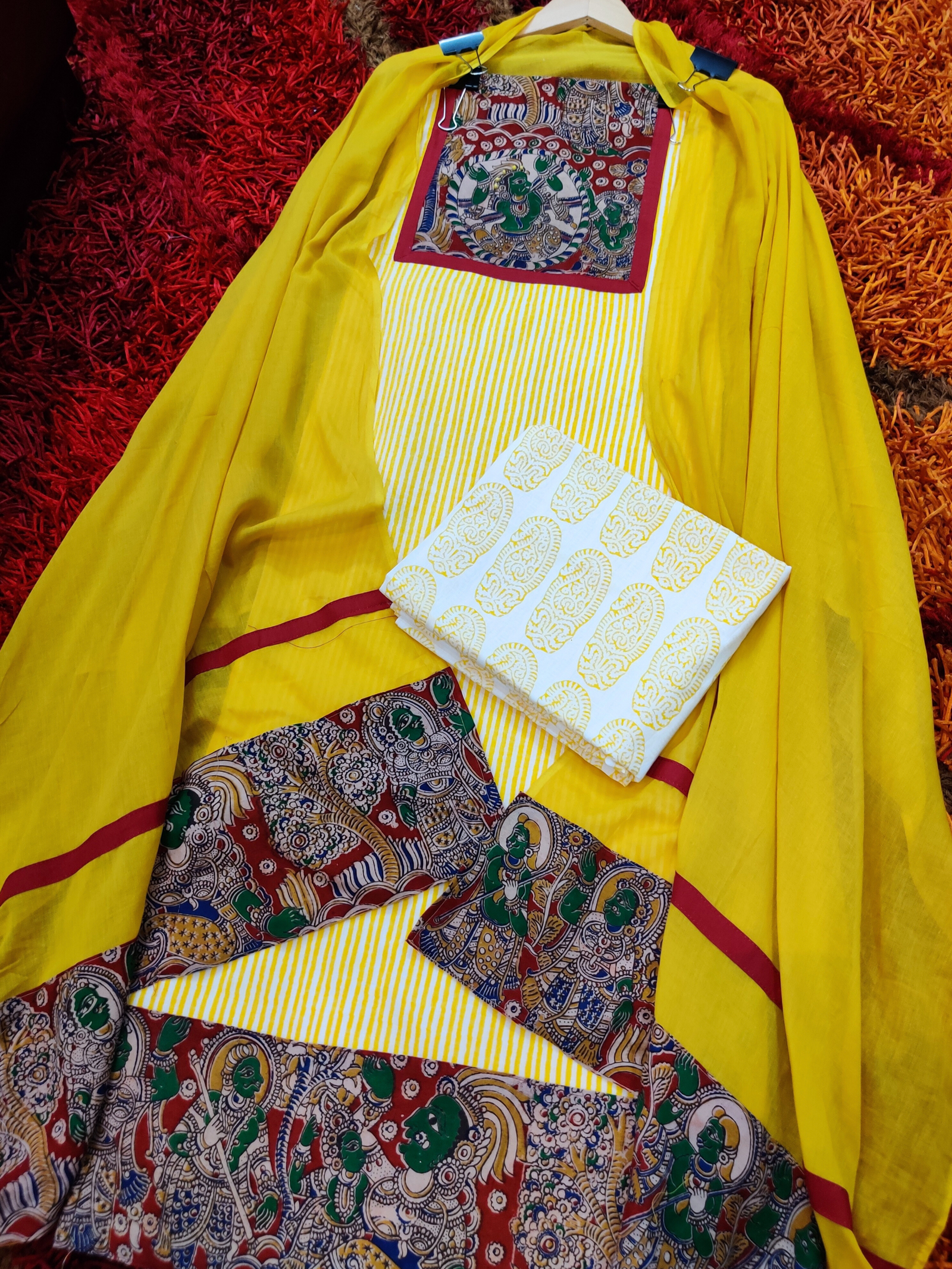 Yellow Striped Kalamkari Cotton Unstitched Dress Material Suit Set - Mom & You Clothing