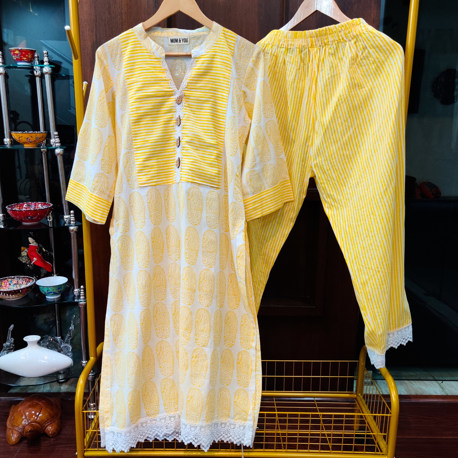 Yellow and White Handblock Cotton Stitched Co-Ord Set - Mom & You Clothing