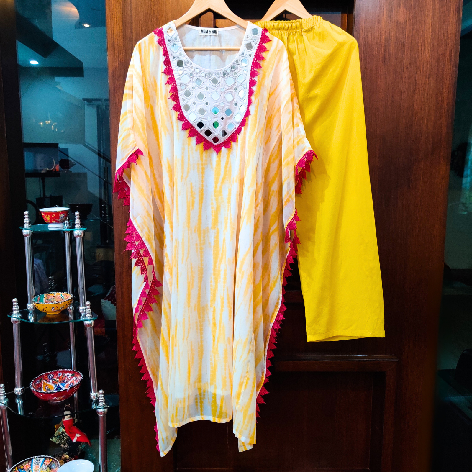 Yellow and White Tie Dye Kurta Kaftan Georgette Stitched Co-Ord Set - Mom & You Clothing