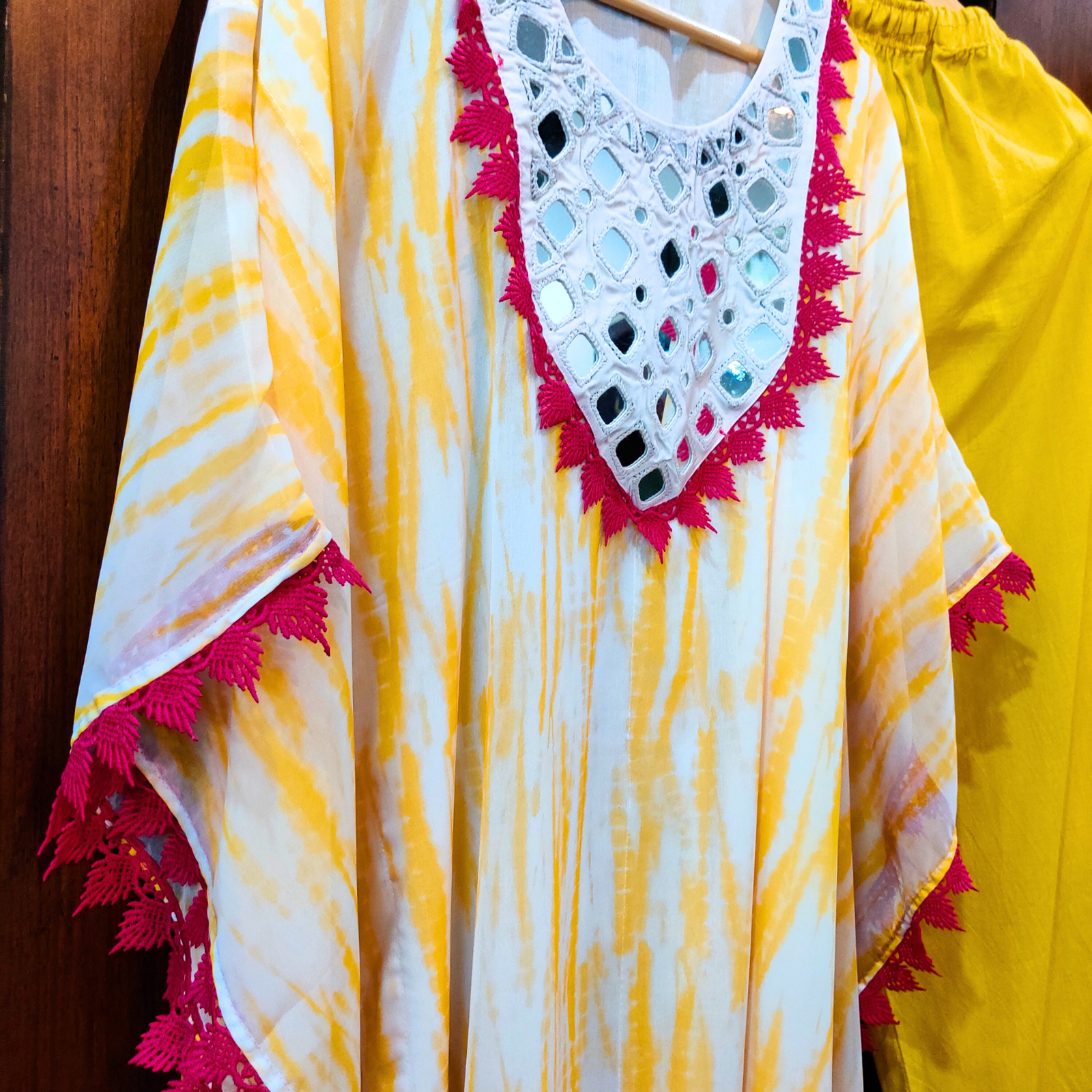 Yellow and White Tie Dye Kurta Kaftan Georgette Stitched Co-Ord Set - Mom & You Clothing