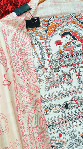 Off White Madhubani Cotton Silk Unstitched Dress Material Suit Set