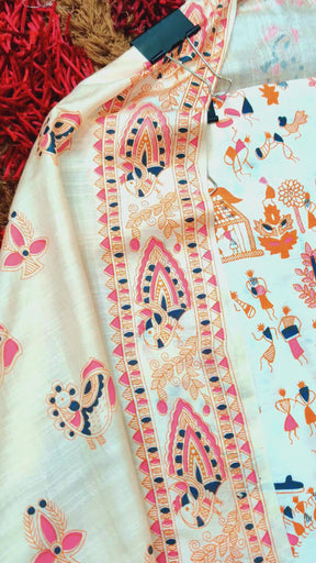 Off White Madhubani Cotton Silk Unstitched Dress Material Suit Set