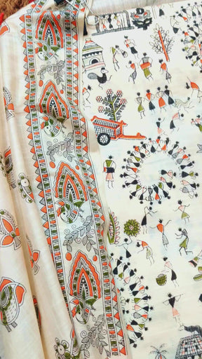 Off White Madhubani Cotton Silk Unstitched Dress Material Suit Set