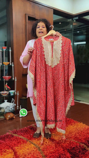 Red Bandhej Flowable Cotton Kurta Kaftan Stitched Co-Ord Set