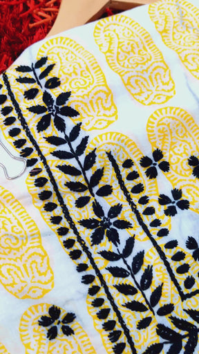White and yellow Chikankari Cotton Unstitched Dress Material Kurta Set