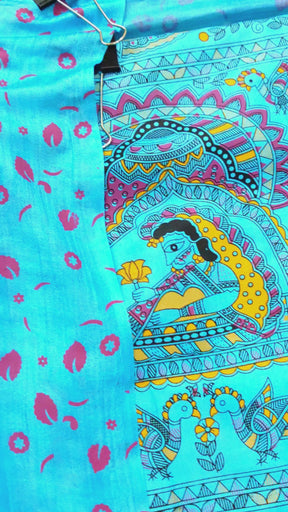 Sky Blue Madhubani Cotton Silk Unstitched Dress Material Suit Set