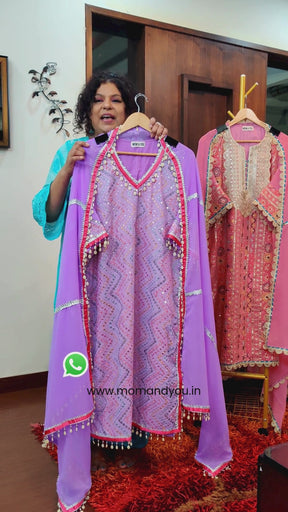 Purple Georgette Magenta Ribbon Lace Gota Stitched Suit Set