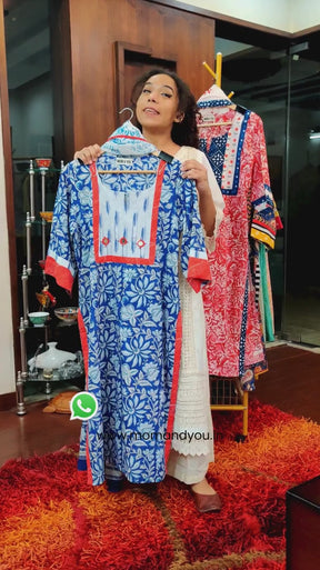 White and Blue Handblock Cotton Stitched Suit Set