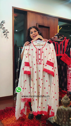 Cream Heart Embroidered Mirror Stitched Suit Set