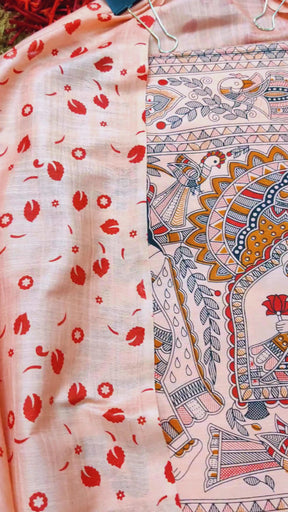 Peach Madhubani Cotton Silk Unstitched Dress Material Suit Set